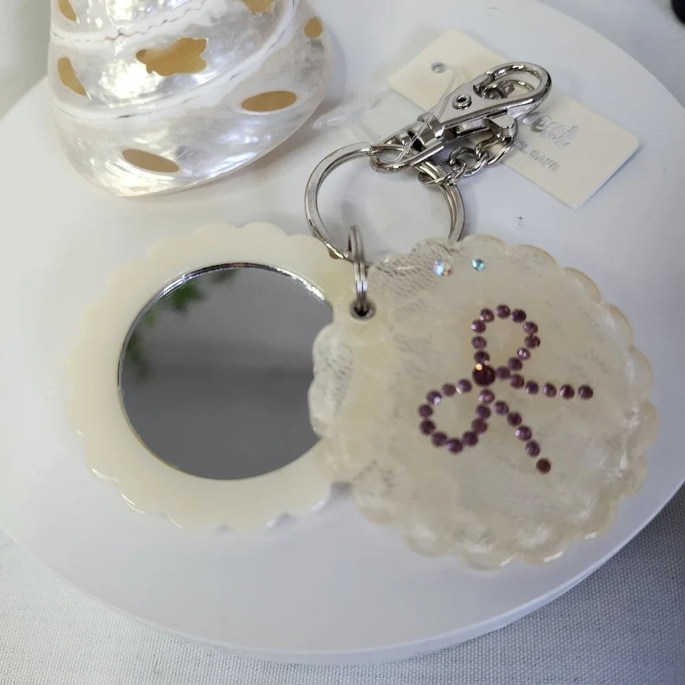 Set of 2 Acrylic Lace Flower / Mirror Keychain Purse Charm Rhinestone Bow